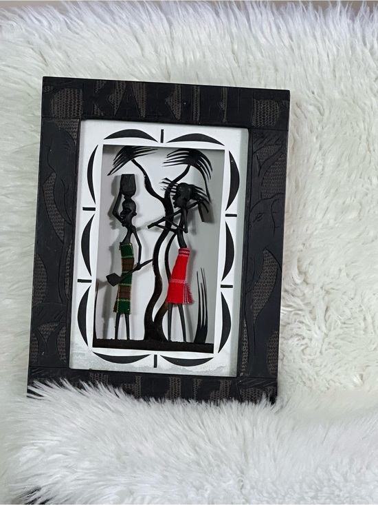 Other - Handcrafted Black Wood Frame with Red and Green Maasai Figurine Art